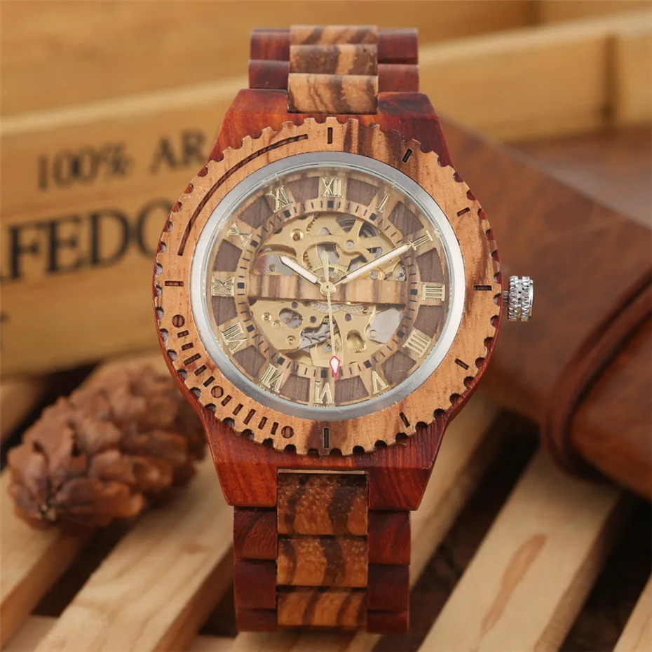 Luxury Wood Watch Mechanical Self-Wind Men\'s Watches High Quality Wooden Bangle Watchband Roman Numerals Display Automatic Clock