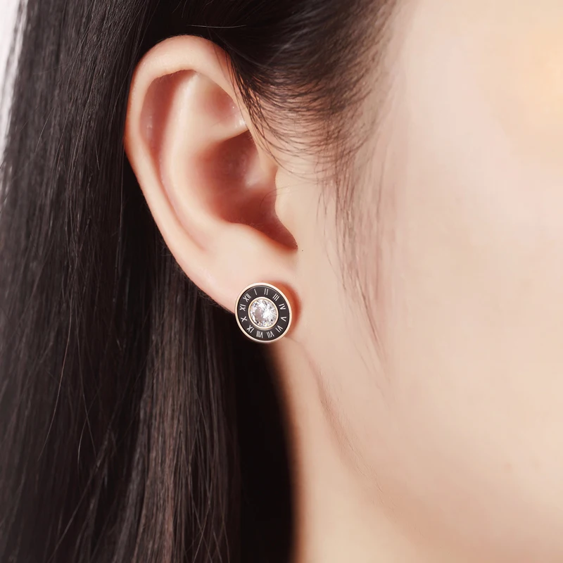 New Arrival Beautiful Periferia Black Enamel And White Shells Roman Numerals Middle Shiny Crystal Stud Earring For Women And Men