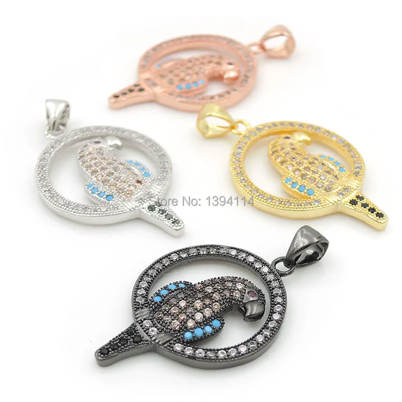 

28*19*3mm Micro Pave Kallaite&Yellow&Black&Clear CZ Parrot Round Charm Fit For Women As Necklace Accessory
