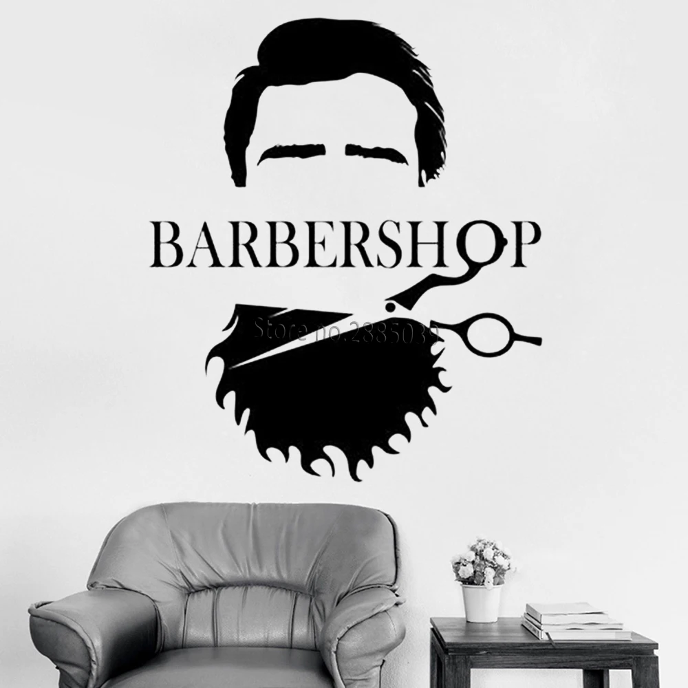 Cool Men Barber Shop Vinyl Wall Decal Barbershop Beard Scissors Logo Beauty Hair Salon Wall Stickers Shopwindow Decor Hot LC982