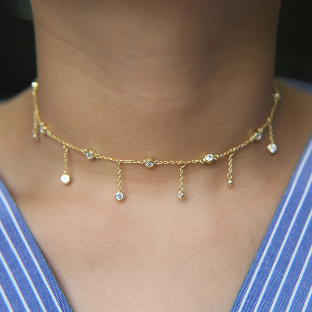 fashion luxury women jewelry gold silver color cz drop charm cz station choker women chocker chain tassel choker necklace