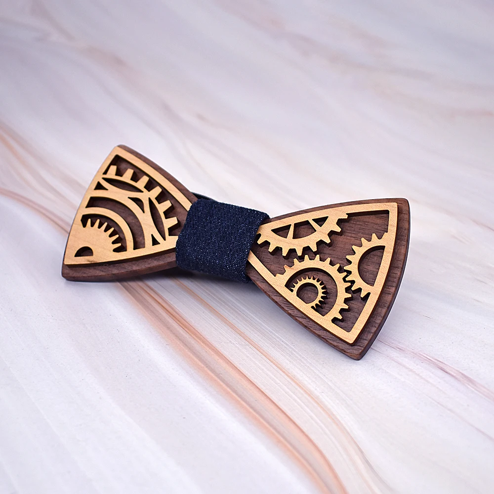 New design Gear wheel Wooden Bow Tie Men's Wood Bowtie Cufflinks Set Brand Business Neckties Cuff Links for Wedding Groom