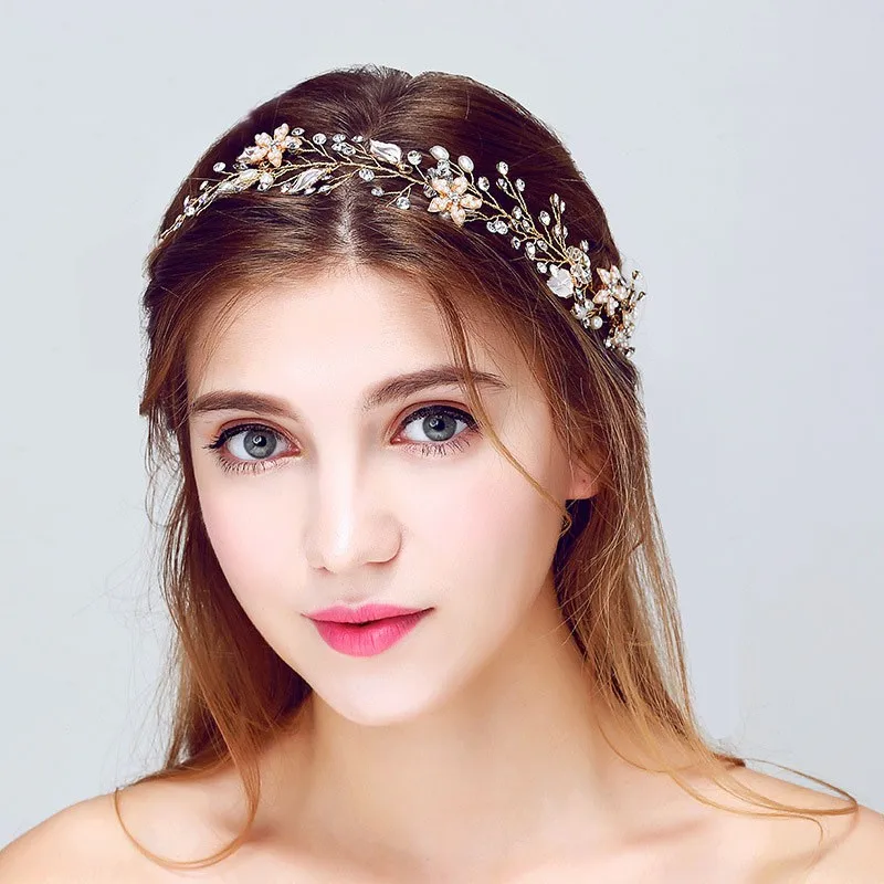 Slbridal artesanal com fio de cristal strass pérolas de água doce flor casamento cabelo videira bandana nupcial headpiece acessórios para o cabelo