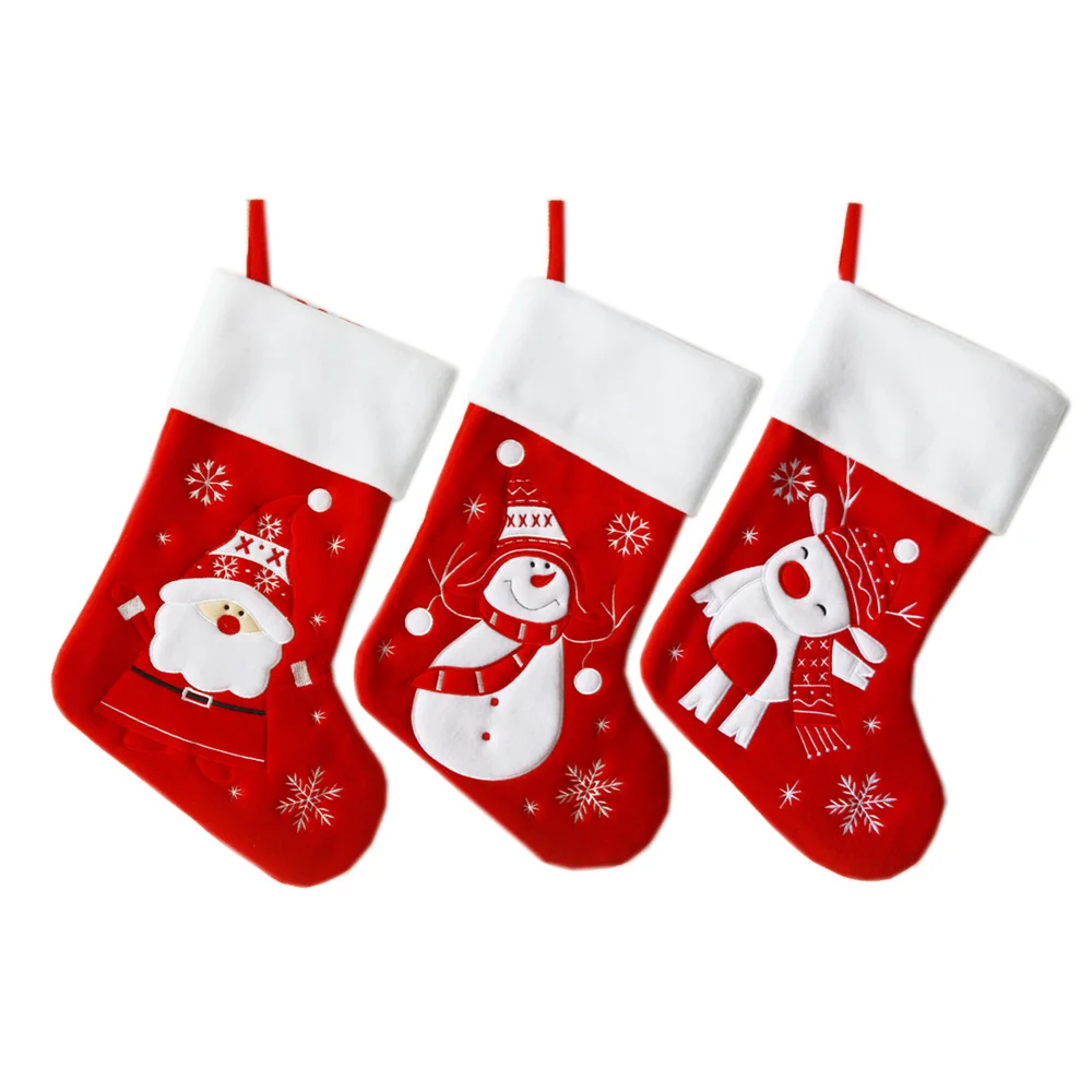 

Christmas Stocking Toys with Snowman and Reindeer Embroidery 6pcs / lot 19*40 cm Fleece Material