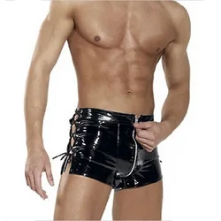 Wetlook Faux Leather Boxer Black Sex Gay Zipper Front Men Panties Sexy Hot Erotic Hollow Out Side Underwear Vinyl Boxer Shorts