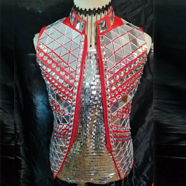 

Fashion Black Red Silver Mirror Vest Jacket Male Singer outfit Costume Rhinestones Punk Style Ds Dj Outerwear Performance Coat