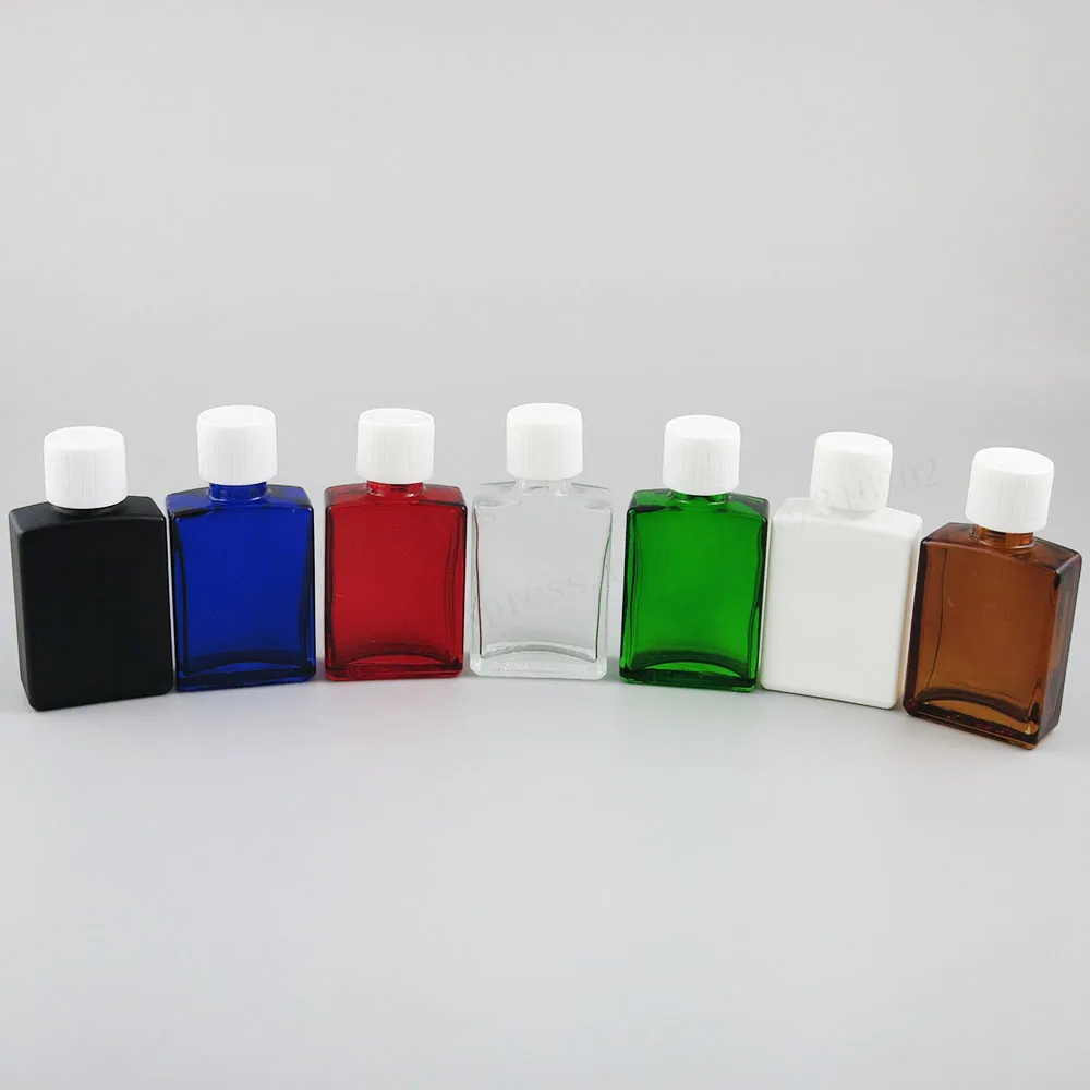 200 x 30ml 1oz Flat Square Black white clear red blue green Glass Bottle With White Black Childproof Cap and Pe Seal