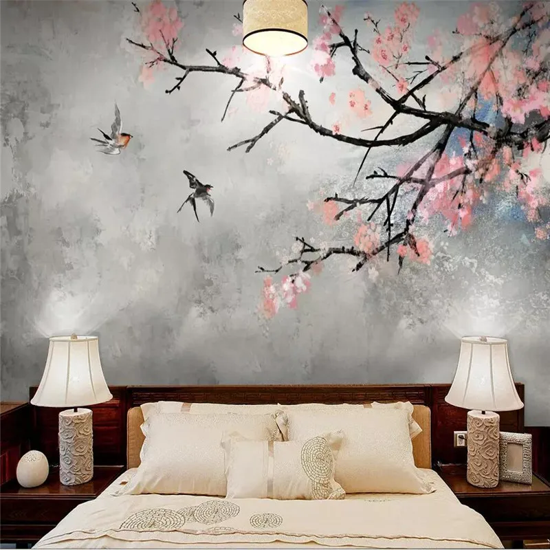 Custom Mural Wallpaper Hand Painted Sakura Flowers And Birds Background Wall Painting