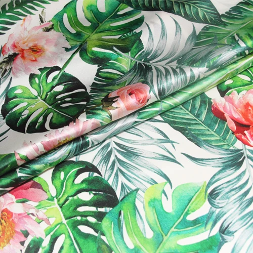 Digital inkjet stretch silk satin fabric palm leaf dress silk fabric satin natural silk fabric material wholesale silk cloth