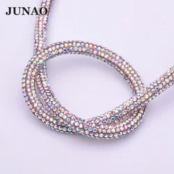 JUNAO 1 Meter Crystal AB Glass Rhinestone Chain Cord Crystal Tube Applique Strass Trim Banding For Jewelry Clothes Making