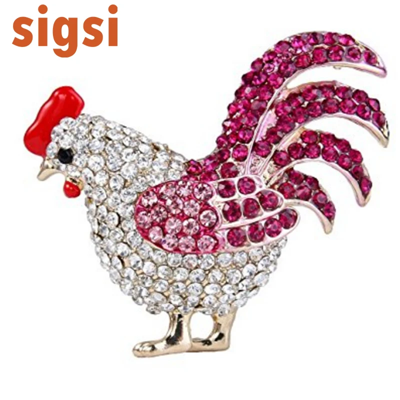 Gold-Tone Women's fuchsia Crystal Enamel Party Lovely Morning Rooster  Cock Animal Accessory Brooch