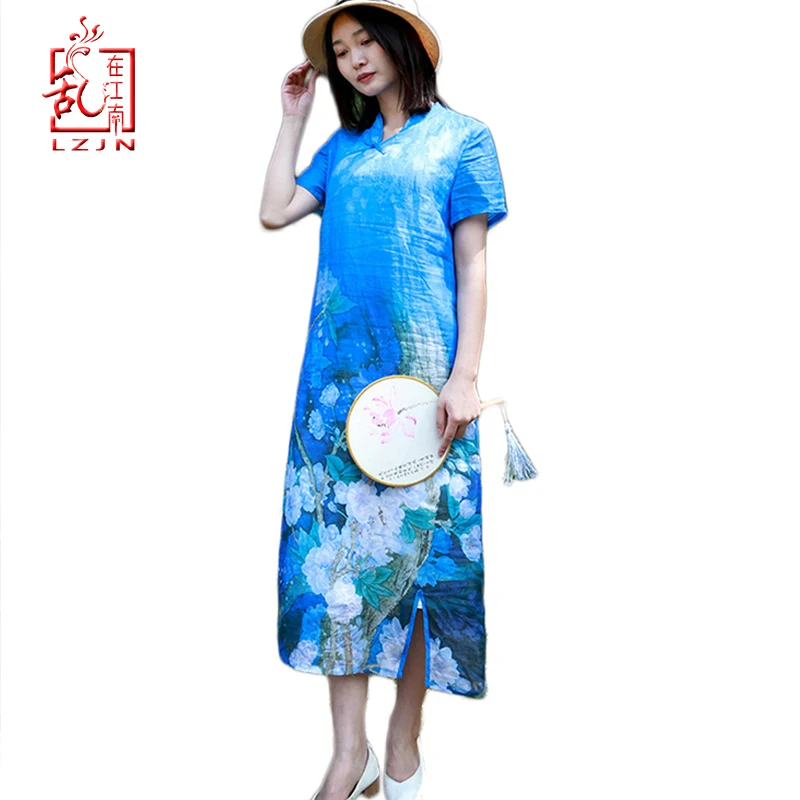 LZJN 2024 Women Girl's Summer Dress Flax Linen Cheongsam Qipao Collar Chinese Style Royal Blue Long Party Dress Vestido da festa