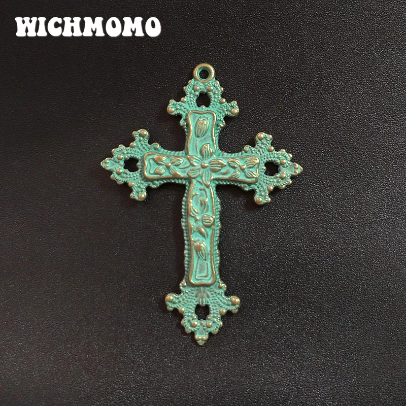 1pcs Patina Plated Zinc Alloy Green Religious Cross Charms 73*53MM Big Pendants For DIY Punk Necklace Accessories