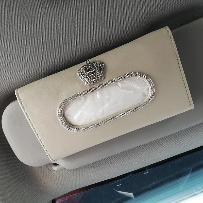 Universal Leather Car Tissue Holder Rhinestone Crown Car Sun Visor Type Napkins Paper Tissue Box Organizer Car Accessories