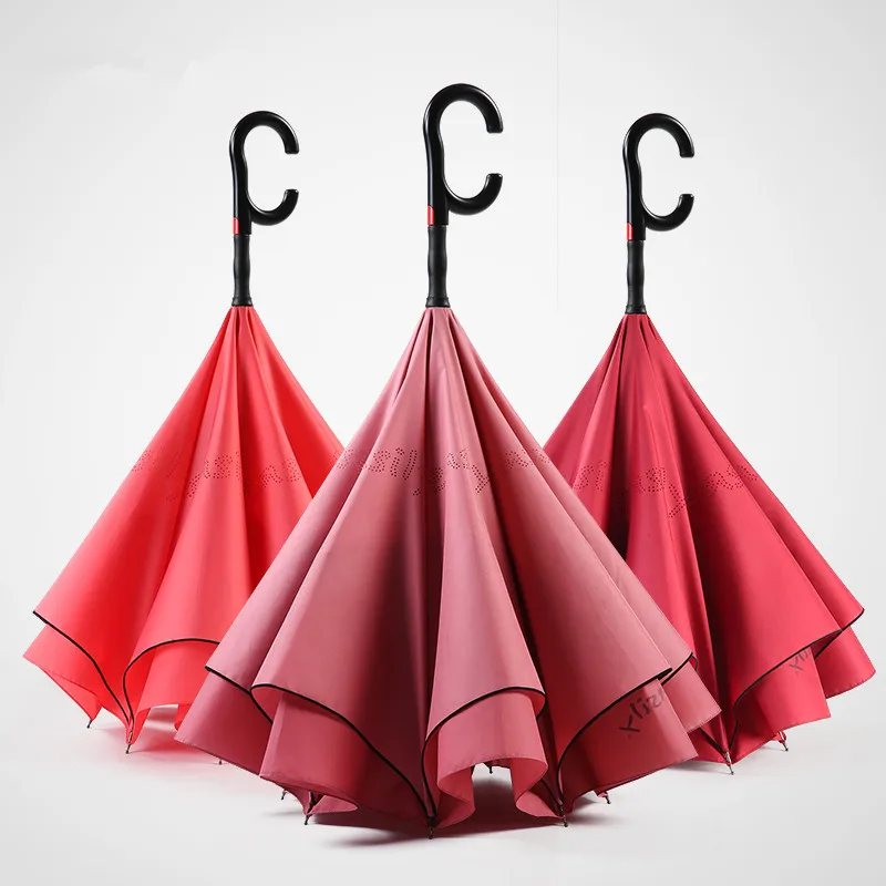 

2pcs/lot 115cm auto open C-Hook Enlarge double layers Reverse hands-free umbrella Inverted water flower magic standing parasol