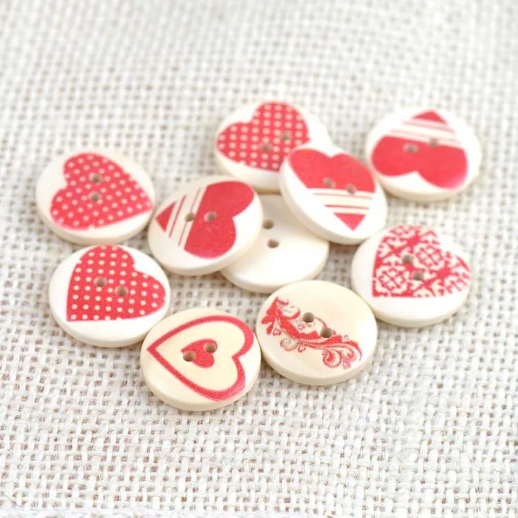 2 Holes red heart painted Round natural Wood buttons Sewing Scrapbooking Crafts 50pcs 20mm MZ480