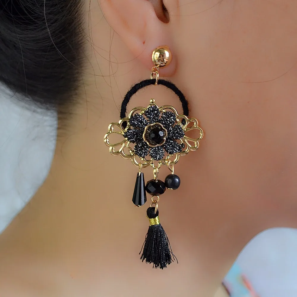 Ethnic Bohemian Black Brown White Cotton Tassel Flower Drop Earrings for Women Handmade Thread Earring Party Jewelry Gift