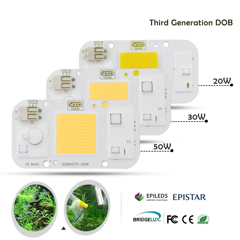 AC 110V 220V DOB COB LED chip Aquarium lamp 380Nm-840Nm 50W Full Spectrum White Aquatic Plant Grow Blub Sea Grass Water Coral