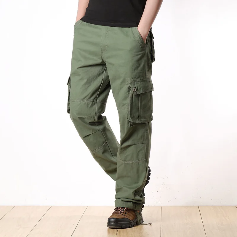 Plus Size Mens Straight Multi Pocket Cargo Pants Cotton Wearproof Loose Overalls Outdoor Hiking Camping Hunting Trouser