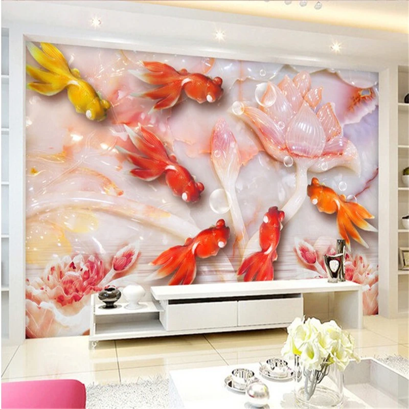 

beibehang Murals jade goldfish lotus perspective bedroom 3d wallpaper for living room TV backdrop mural wall papers home decor