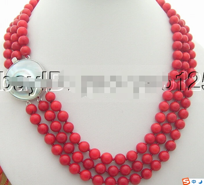 

Women Gift word Love Free shipping Hot sale 3Strds 7-8mm Red Coral Necklace S Mabe Clasp Fine Woman's jewelry Genuine