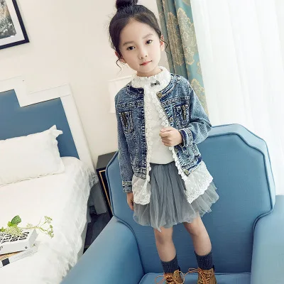 

Baby Girl Clothes Spring Jacket For Girls Coats Jeans Lids Long Sleeved Denim Sweet Lace Jackets3-8Y