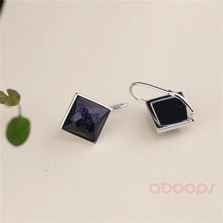 925 Sterling Silver Hoop Earrings with Rhombus Blue Sandstone for Women Girls,Free Shipping