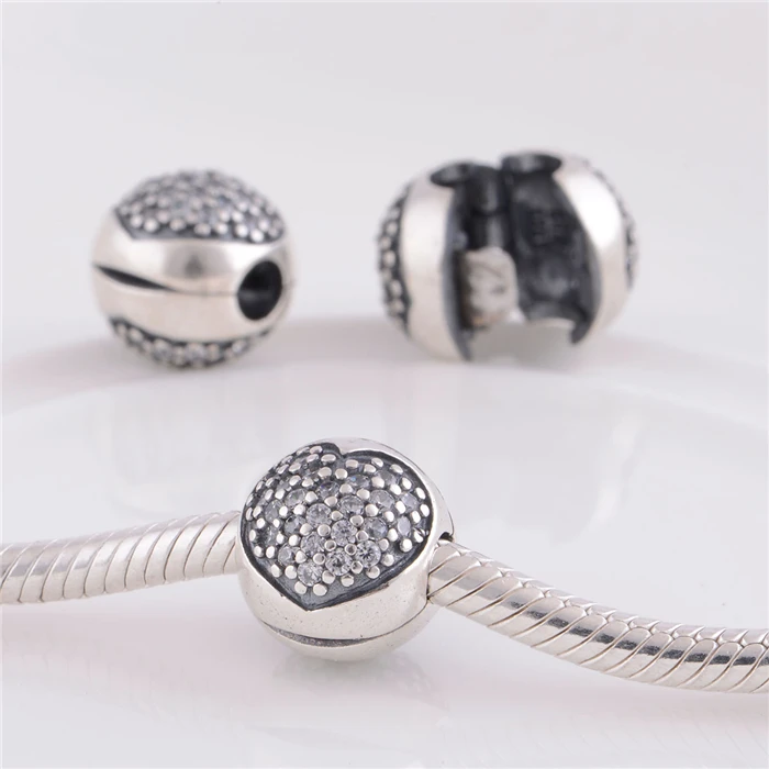 Authentic 925 Sterling Silver Pave Heart Clear CZ Clip Beads DIY Craft Jewelry Fit Original Pandora Charms Bracelet / Pendants