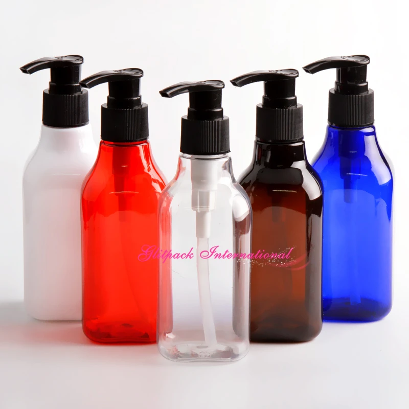 30pcs 200ml Square PET bottles Lotion Pumps plastic shampoo bottle cosmetic wholesale long neck white black amber blue green red