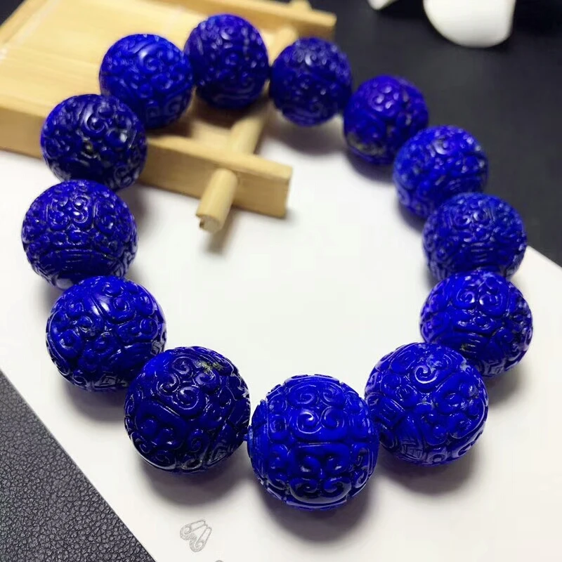 

Natural Royal Blue Lapis Lazuli Bracelet Gemstone 18mm Stretch Carved Round Beads Bracelet AAAAAA