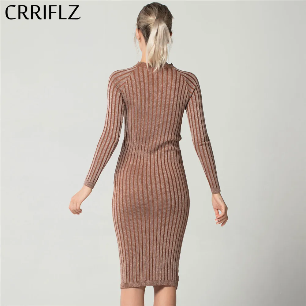 CRRIFLZ Slim Bright Silk Dress O Neck Knit Long Sleeve Dress For Women Bodycon Pencil Dress Office Lady Spring Autumn