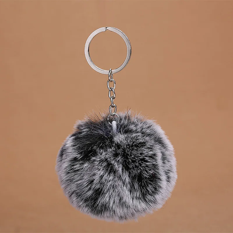 8CM Double Color Fluffy Faux Rex Rabbit Fur Ball Pom Pom Keychain Women Bag Charms Trinket Key Chain Wedding Party Gift