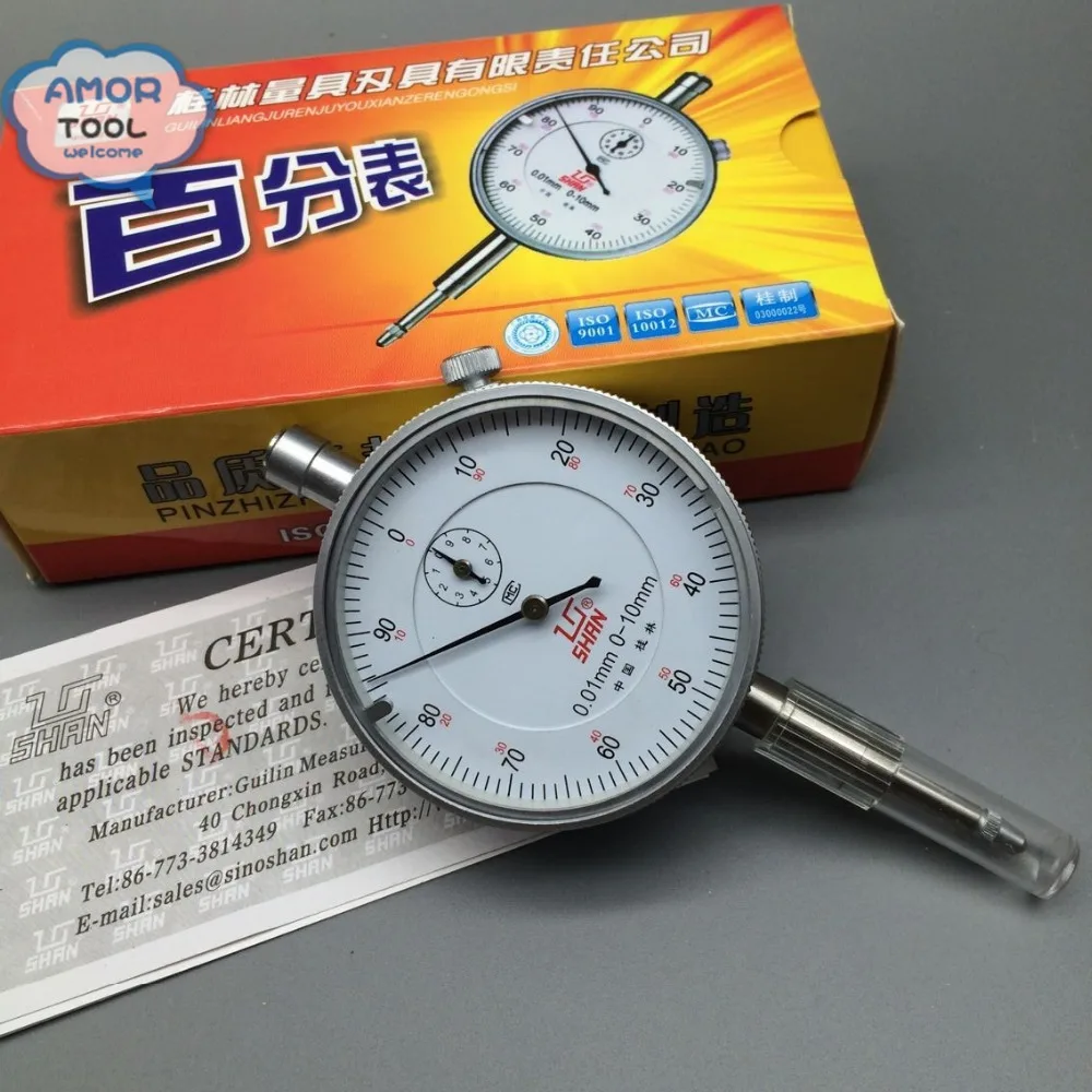 SHAN Dial Indicator 0-10mm/0.01mm Aluminum Body Dial Gauge Without Lug Back Micrometer Measuring Tool