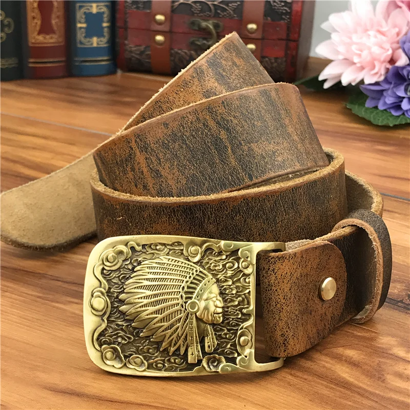 Mosiężny wódz Indian klamry pasa skórzany pasek mężczyźni Ceinture Homme żółty pasek mężczyźni męski pasek szeroki pasek do jeansów MBT0424