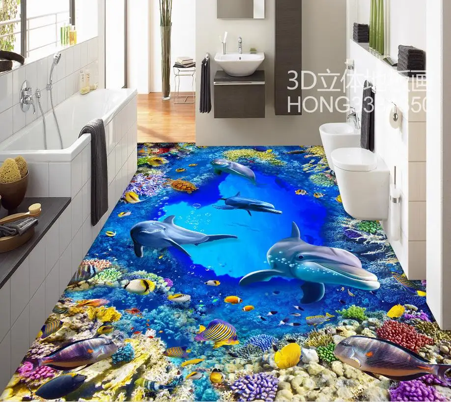 Photo wallpaper mural floor self-adhesive 3D floor PVC waterproof floor 3D Underwater World Dolphin Home Decoration