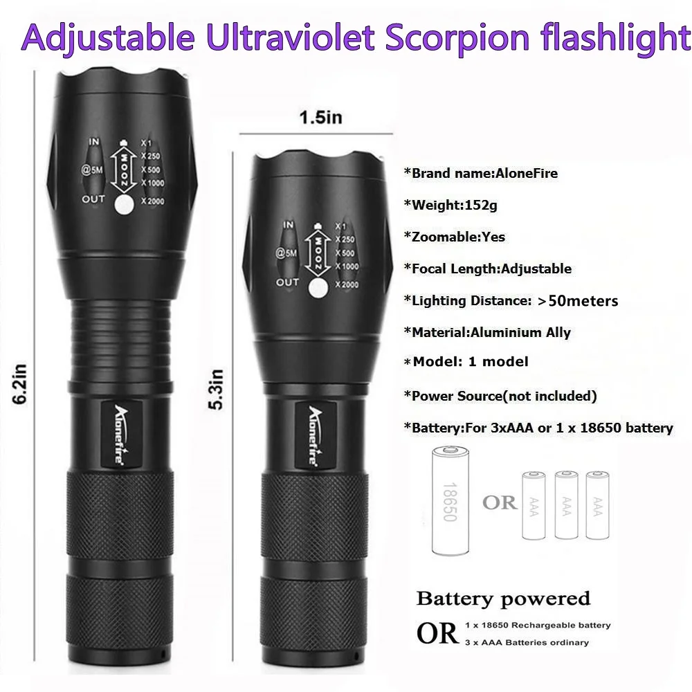 Zoom torcia UV 365nm e 395nm 2 in1 UV Ultraviolet Cat Dog pet urine Home Travel Hotel Detection torcia lampada E17