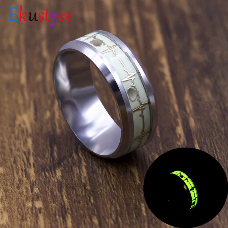 Luminous Heart Electrocardiogram Rings Stainless Steel Glow in the Dark Wave Love Ring Female Male Wedding Jewelry