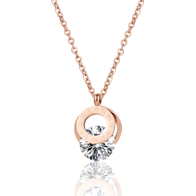Roman Numeral Double Circle With Shiny Crystal Pendant Necklace High Quality Stainless Steel Love Ketting Jewelry For Women Gift