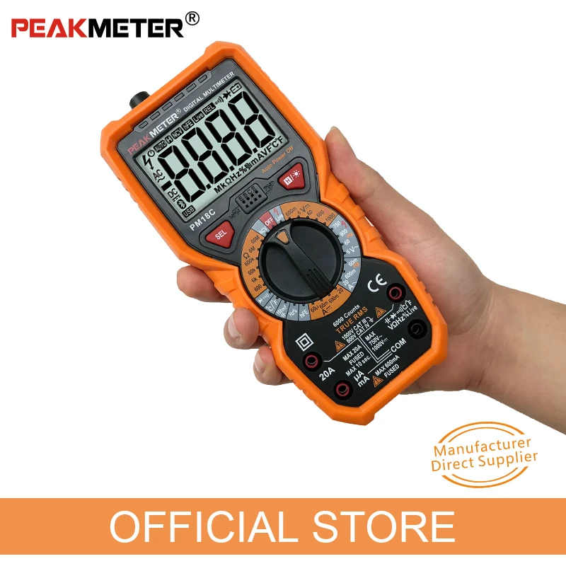 Official PEAKMETER Digital Multimeter PM18C with True RMS AC/DC Voltage  Resistance Capacitance Frequency Temperature NCV Tester