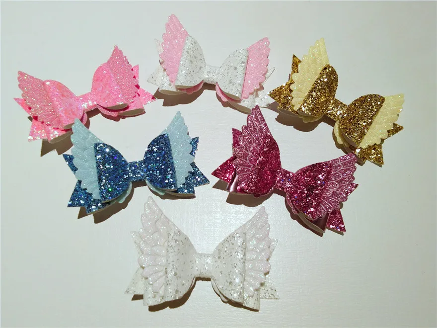 Boutique 12pcs Fashion Cute Glitter Hair Bow Hairpins Solid Angel Wings Bowknot Hair Clips Princess Headwear Hair Accessories