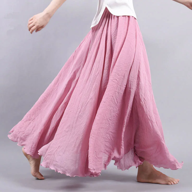 

Long Skirt Women Bohemian New Design Pleated Falda Female Elastic Waist Candy Color A-Line Maxi Ankle-Length Cotton Skirt