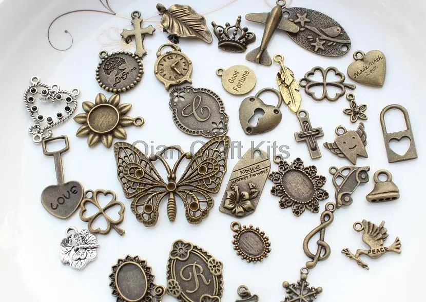 150pcs mixed styles of zinc alloy antiqued bronze silver charm pendants sampler set 15mm-50mm lead and nickle free