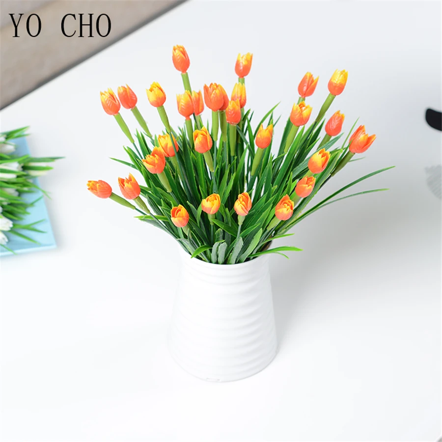 YO CHO Artificial Flowers Tulip Bonsai Wedding Home Decoration Spring Grass Plastic Tulip Plante Fake Flowers Mini White Flowers