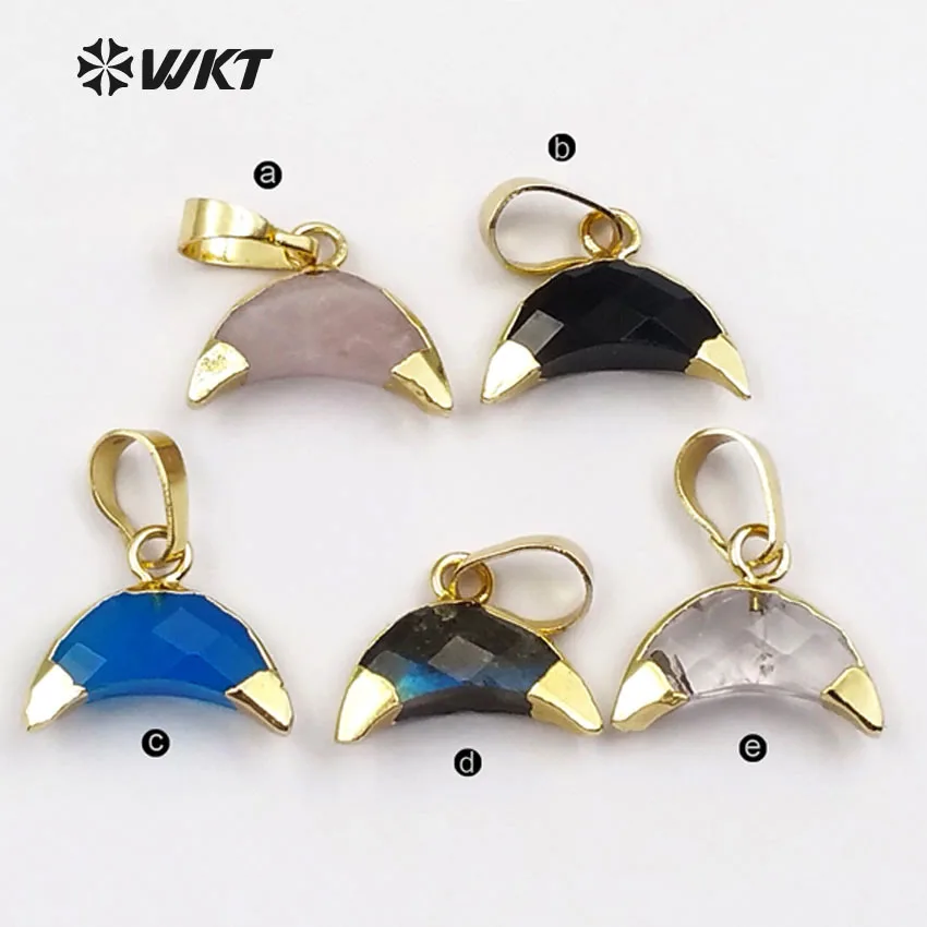 WT-P1404 WKT Wholesale Mini Stone Pendants Crescent Faceted Charming With Gold Metal Eletroplated Lady Girl Lovely Gift