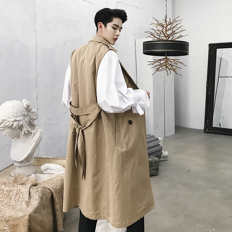 

customization! 2018 New loose waistcoat style men's wear harajuku double-breasted sleeveless trench coat