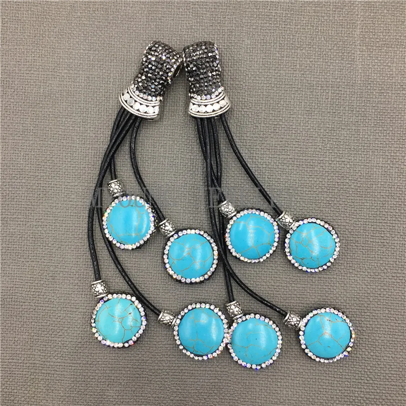 

MY0138 Blue Round Howlite Stone Tassel Pendant With Sliver Plate, Pave Rhinestone Macrame Pendant For Necklaces Jewelry Making