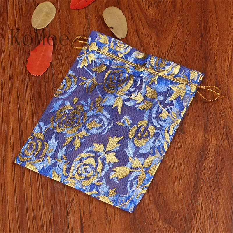 100pcs Royal Blue Organza Bags 11x16cm Jewelry Candy Gifts Packaging Bags Rose Pattern Wedding Favor Drawstring Gift Bag Pouches