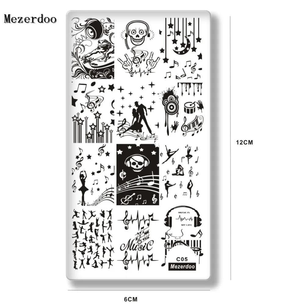 Rock Music Theme Stamping Template Notes Piano Pattern Musical Instrument Rectangle Nail Art Image Plate DIY Manicure Tools C05