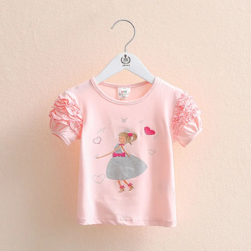 Girls Clothes 2023 Summer Cotton White Pink Solid Color Bow Heart Embroidery Princess Short Sleeve O-Neck Kids Girl T-Shirt