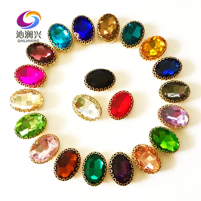 20pcs/bag Oval Shape Glass Crystal Sew-on Rhinestones, Golden Bottom Lace Claw Stone, Used for Needlework, Sewing Accessories